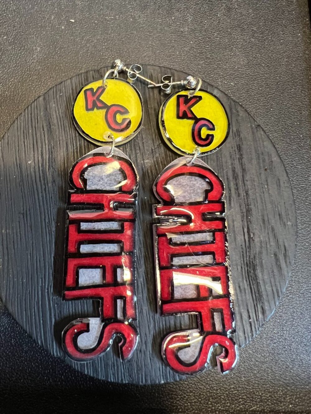 KC Chiefs Earrings, Stainless Posts, OOAK, Shrink Plastic
